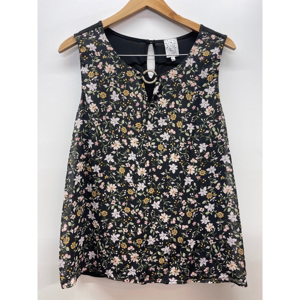 Naïf Women Floral Sleeveless Blouse Rhinestone Ring V-Neck Black XL 0490004